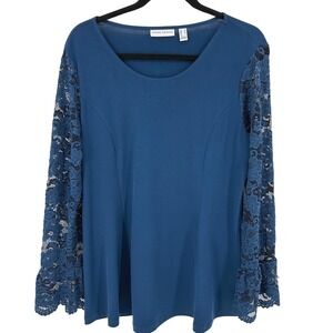 Susan Graver Liquid Knit Blue Lace Sleeve Top Women's M Career Casual Blouse